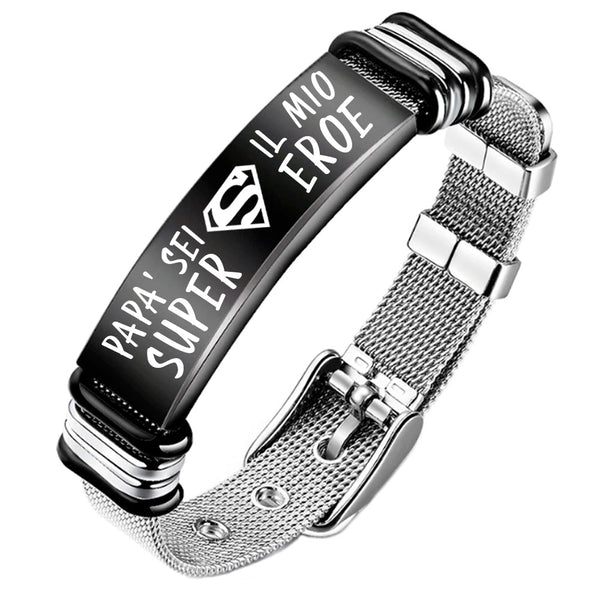 Bracciale Uomo Festa del Papà Super Papà Acciaio Cuoio BA1179