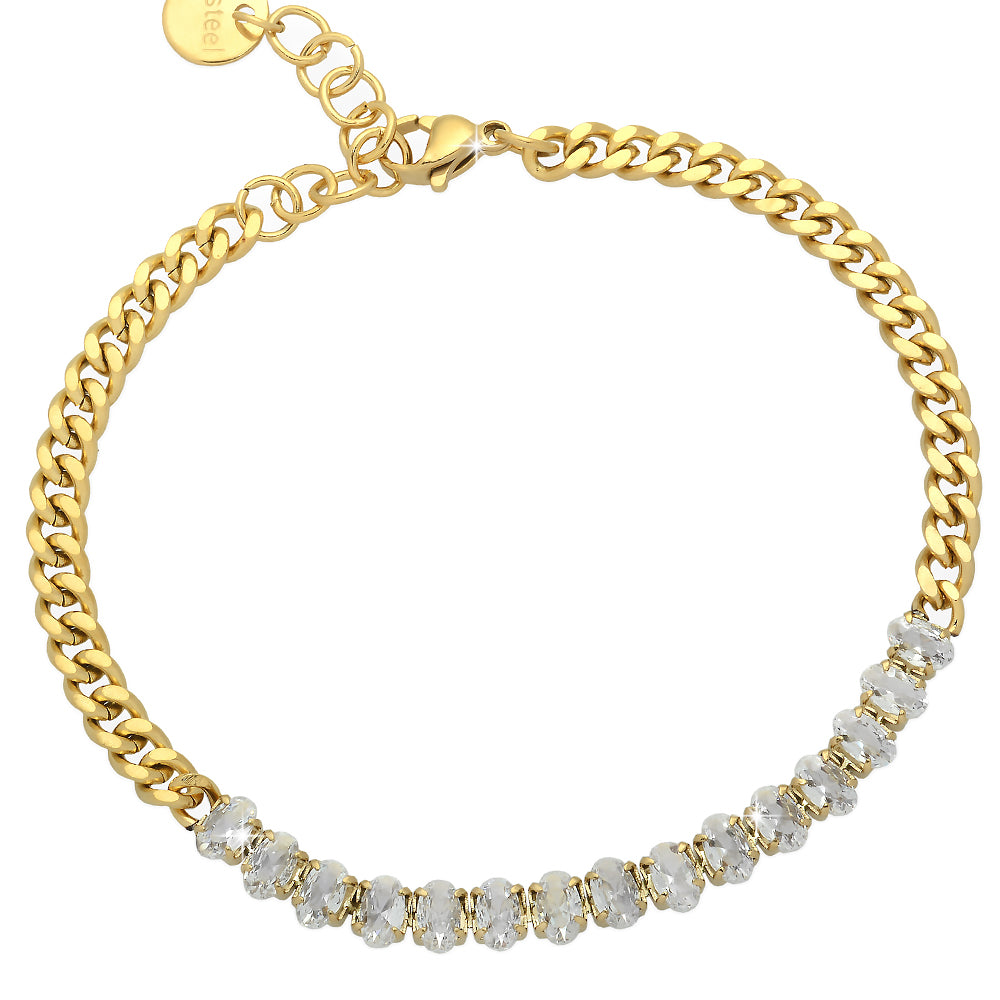Bracciale Catena Groumette in Acciaio con Cristalli Ovali - Gold