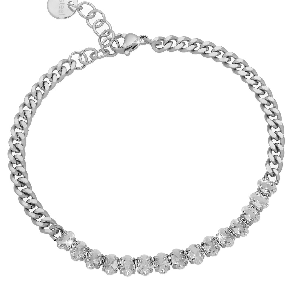 Bracciale Catena Groumette in Acciaio con Cristalli Ovali - Silver