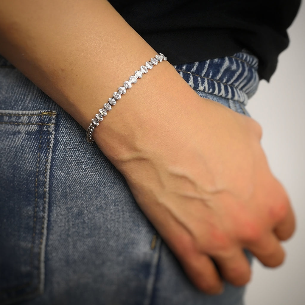 Bracciale Catena Groumette in Acciaio con Cristalli Ovali - Silver
