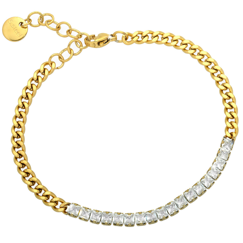 Bracciale Catena Groumette in Acciaio con Cristalli Squared - Gold