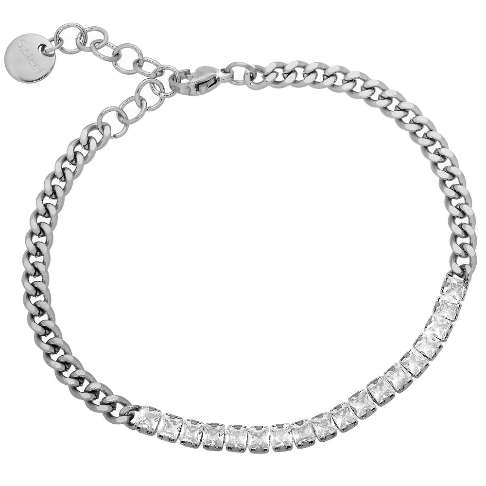 Bracciale Catena Groumette in Acciaio con Cristalli Squared - Silver