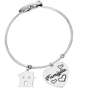 Bracciale rigido donna con charms e incisione su due lati - "Famiglia" - "Dove il cuore trova casa" - Beloved Gioielli