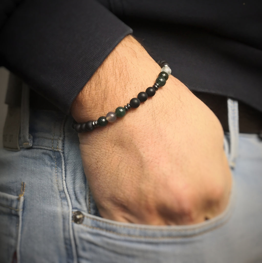 Bracciale uomo con pietre dure naturali e divisori double round in ematite