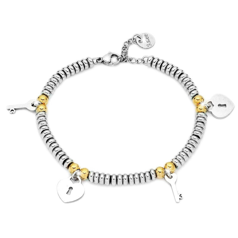 Bracciale Charming in acciaio con pendenti Chiavi e Lucchetto color Argento -Beloved_gioielli