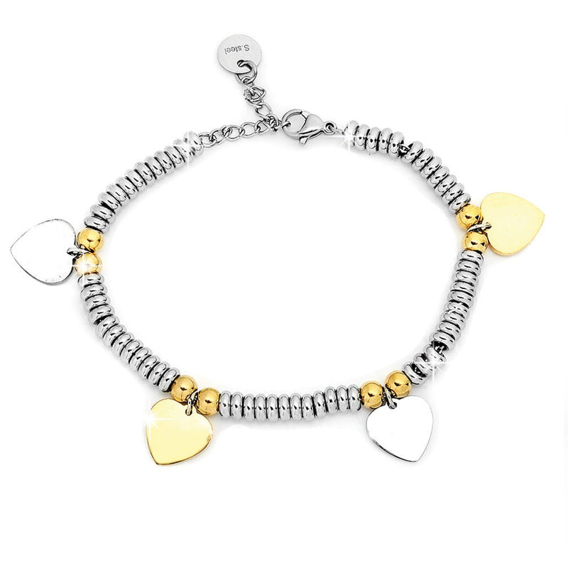 Bracciale Charming in acciaio con pendenti Cuore color Argento e Oro giallo -Beloved_gioielli