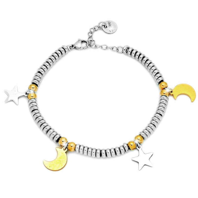 Bracciale Charming in acciaio con pendenti Stelle e Luna color Argento e Oro giallo -Beloved_gioielli