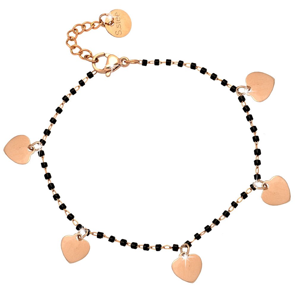 Bracciale con Cristalli tubolari colore Nero e 5 charms rose gold - Cuori -Beloved_gioielli