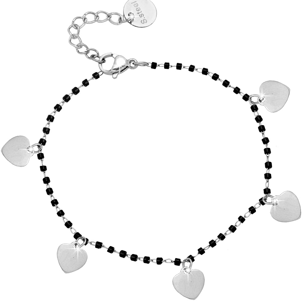 Bracciale con Cristalli tubolari colore Nero e 5 charms silver - Cuori -Beloved_gioielli