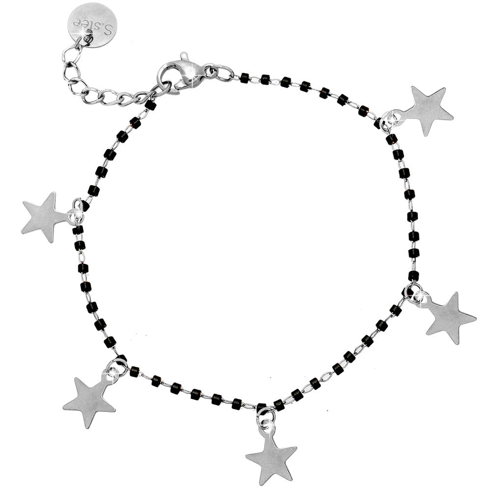 Bracciale con Cristalli tubolari colore Nero e 5 charms silver - Stelle -Beloved_gioielli