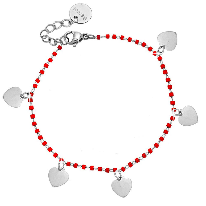 Bracciale con Cristalli tubolari colore Rosso e 5 charms silver - Cuori -Beloved_gioielli