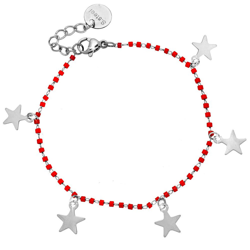 Bracciale con Cristalli tubolari colore Rosso e 5 charms silver - Stelle -Beloved_gioielli