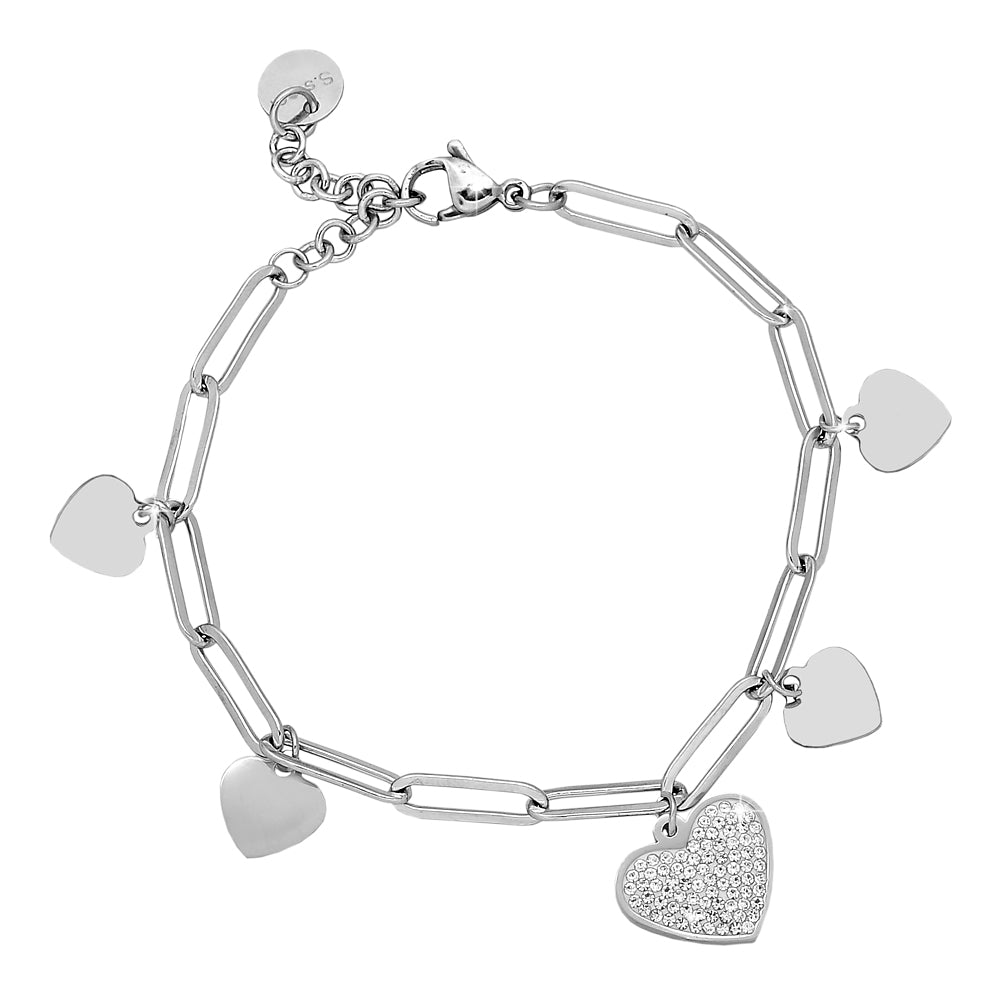 Bracciale con maglia a profilo squadrato in acciaio e charms pavè silver - Cuori -Beloved_gioielli