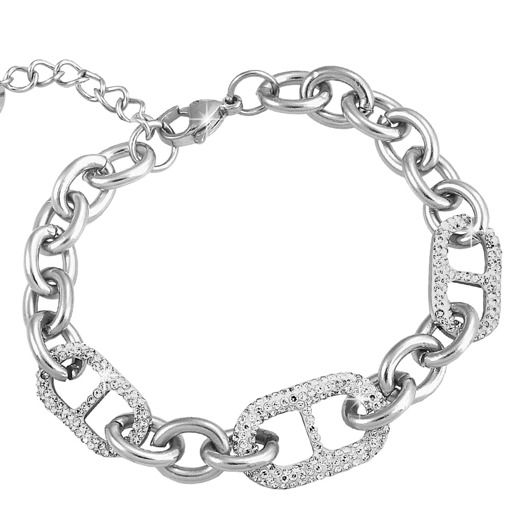 Bracciale con maglia groumette e cristalli in acciaio Silver -Beloved_gioielli