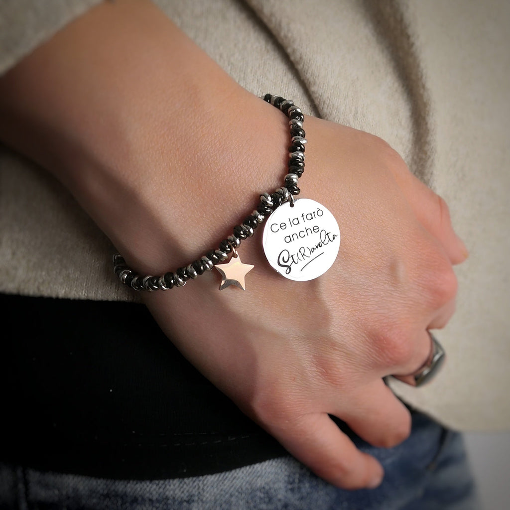 Bracciale con nodini in acciaio silver / black e incisione - "Ce la farò anche st(r)avolta" -Beloved_gioielli