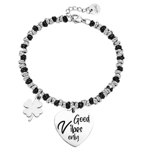 Bracciale con nodini in acciaio silver / black e incisione - "Good vibes only" -Beloved_gioielli