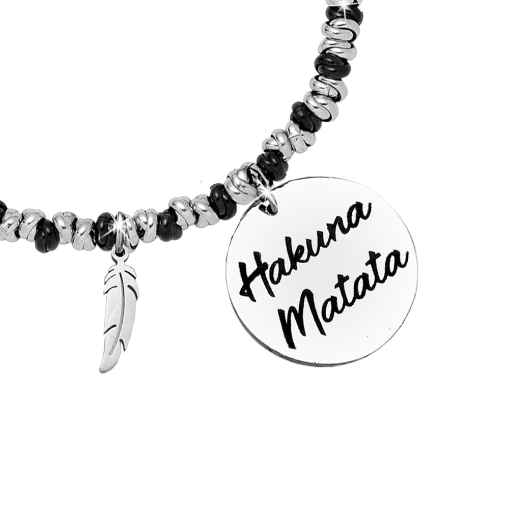 Bracciale con nodini in acciaio silver / black e incisione - "Hakuna Matata" -Beloved_gioielli
