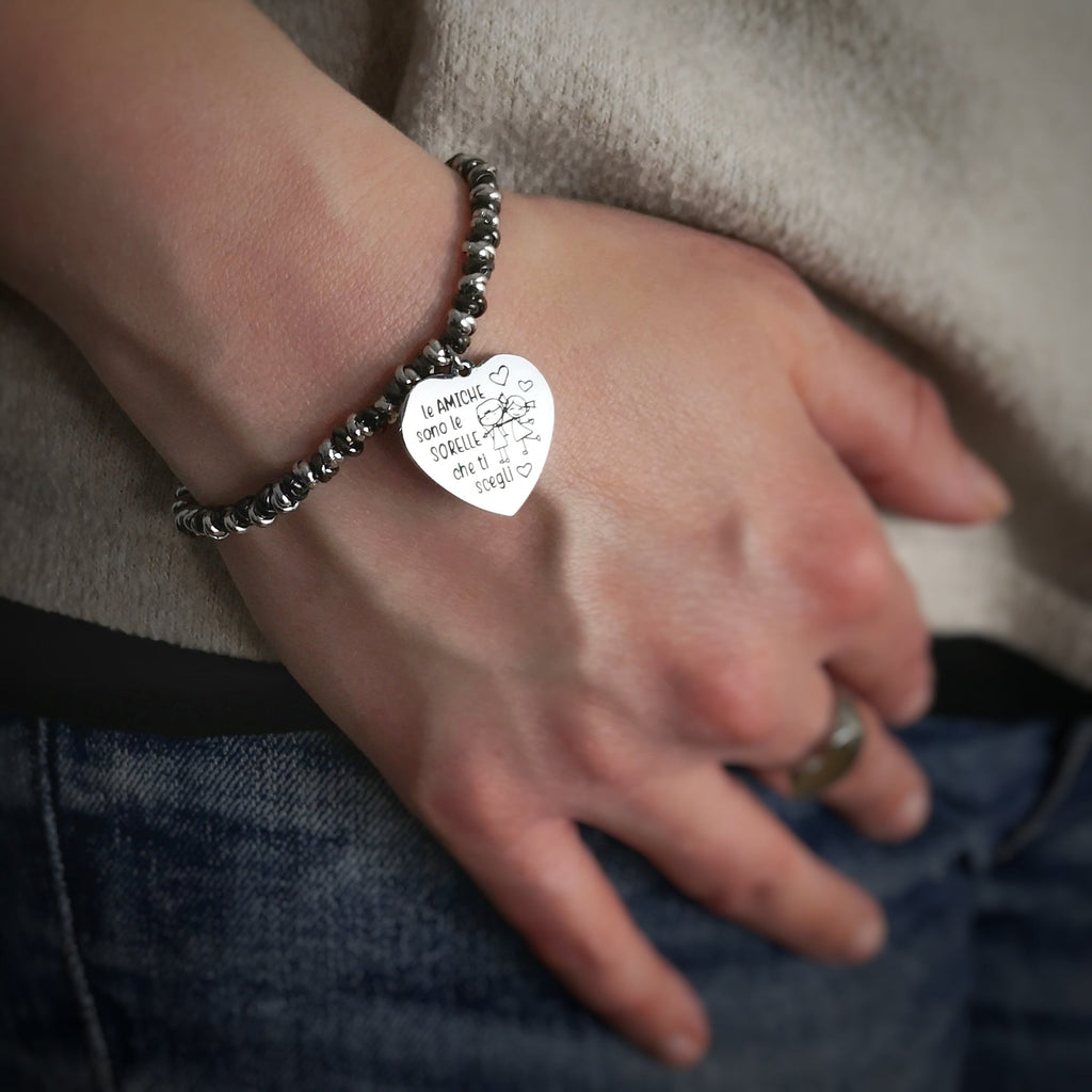 Bracciale con nodini in acciaio silver / black e incisione - "Le amiche sono le sorelle.." -Beloved_gioielli