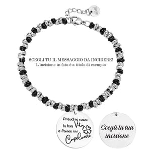 Bracciale con nodini in acciaio silver / black e incisione - "Prendi in mano la tua vita.." -Beloved_gioielli