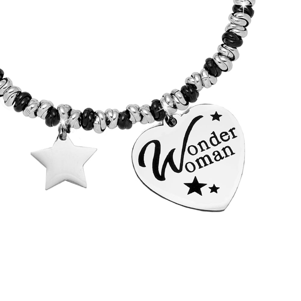 Bracciale con nodini in acciaio silver / black e incisione - "Wonder woman" -Beloved_gioielli
