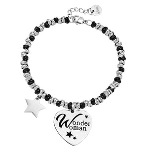 Bracciale con nodini in acciaio silver / black e incisione - "Wonder woman" -Beloved_gioielli