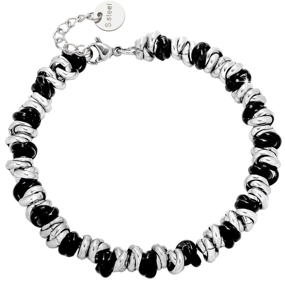 Bracciale con nodini in acciaio silver e black - Large -Beloved_gioielli