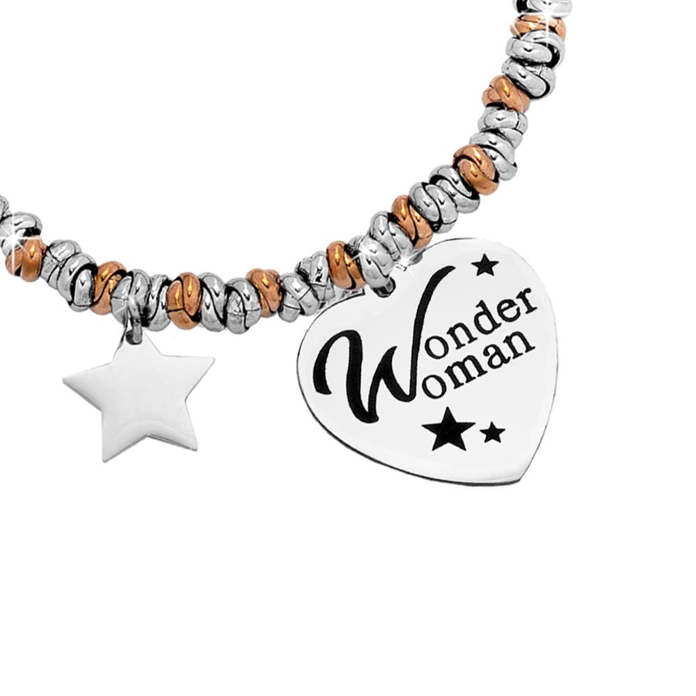 Bracciale con nodini in acciaio silver e rose gold e incisione - "Wonder woman" -Beloved_gioielli