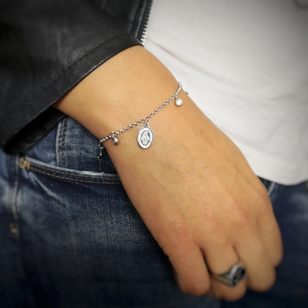 Bracciale da donna Chain in acciaio con cristalli e charms - Croci e Madonnina -Beloved_gioielli