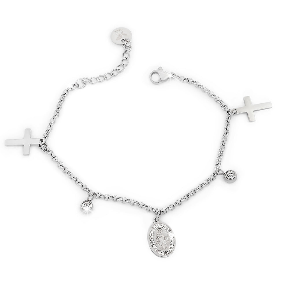 Bracciale da donna Chain in acciaio con cristalli e charms - Croci e Madonnina -Beloved_gioielli