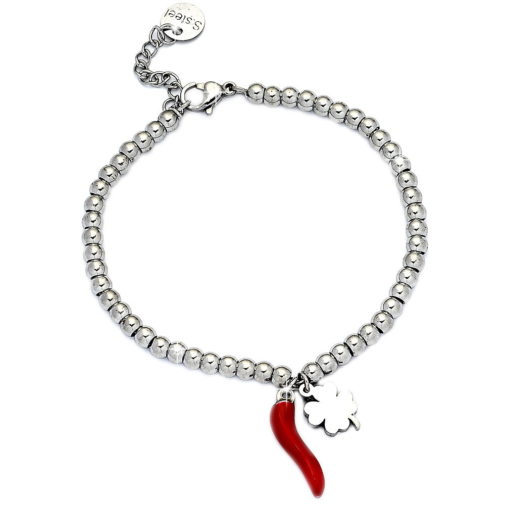 Bracciale donna con Cornetto e Sfere con Charm - QUADRIFOGLIO -Beloved_gioielli