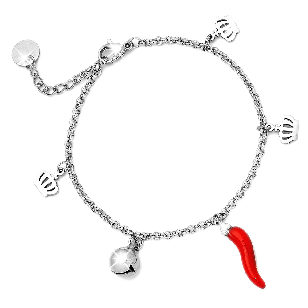 Bracciale donna con Cornetto Rosso portafortuna, Campanellino e Charm Corone -Beloved_gioielli