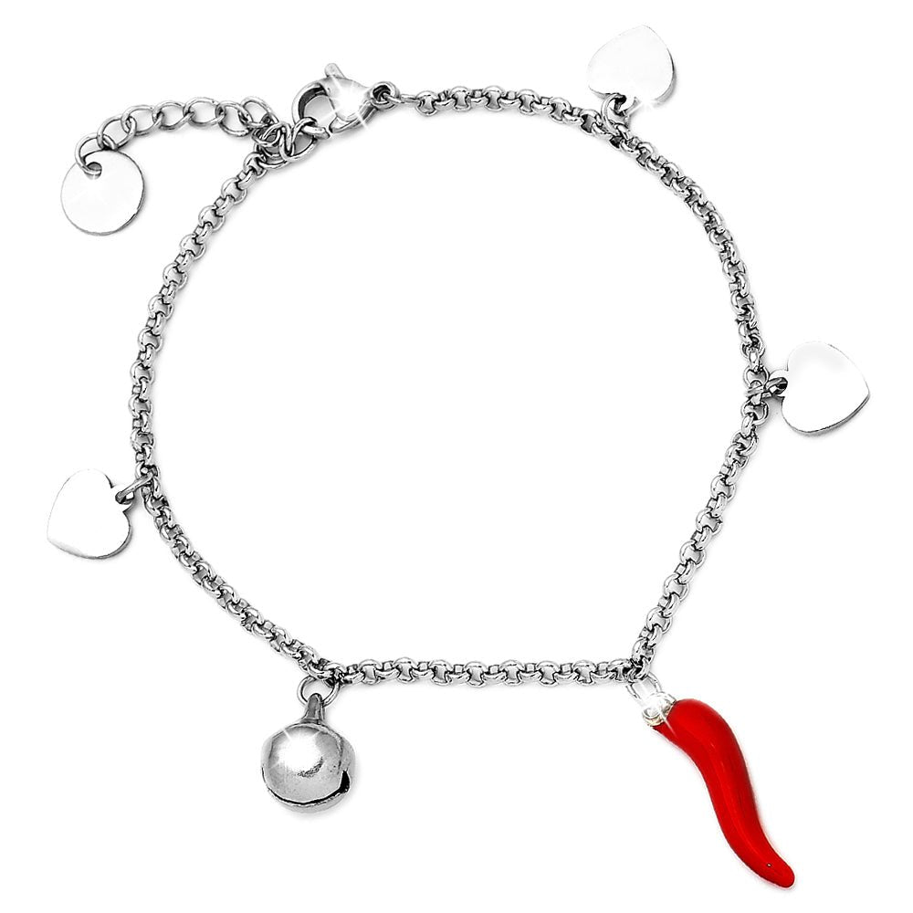 Bracciale donna con Cornetto Rosso portafortuna, Campanellino e Charm Cuori -Beloved_gioielli