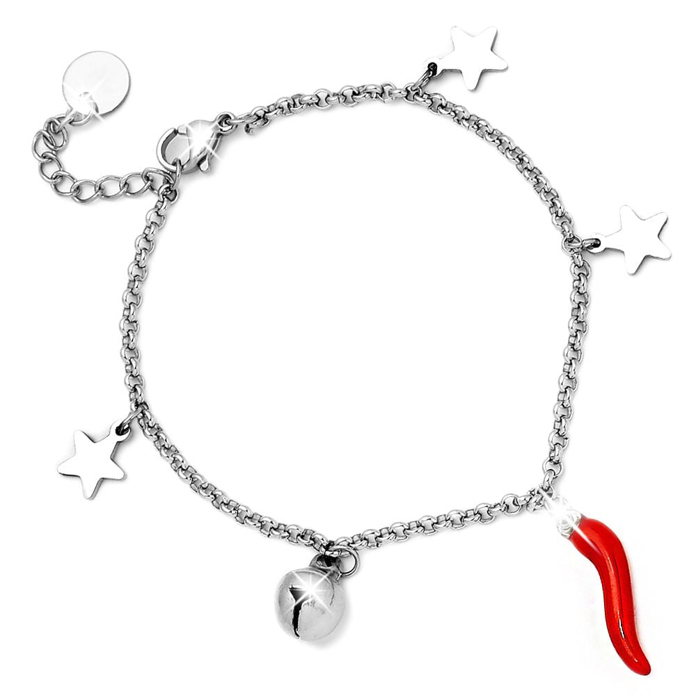 Bracciale donna con Cornetto Rosso portafortuna, Campanellino e Charm Stelle -Beloved_gioielli