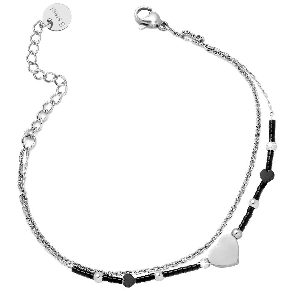 Bracciale due file con Cristalli tubolari e charms - Cuore cristalli Neri -Beloved_gioielli