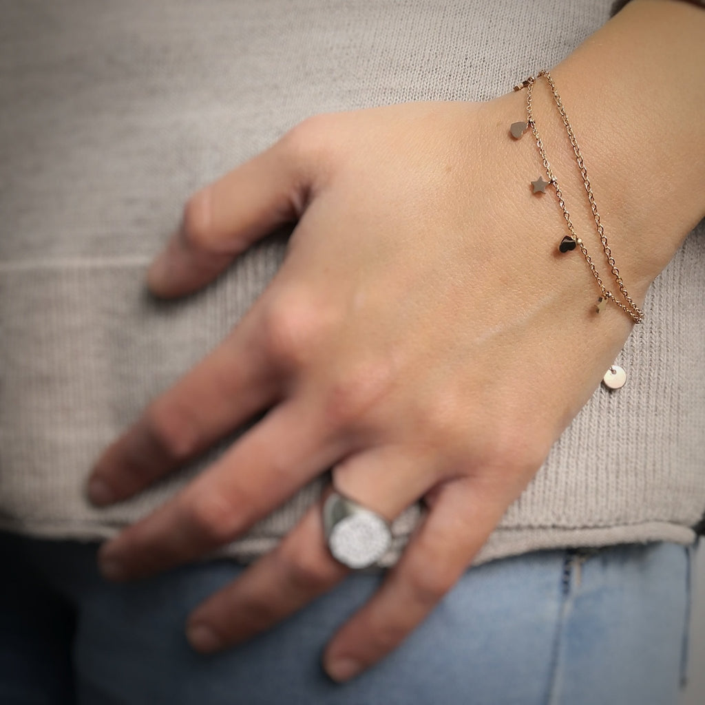 Bracciale due file in acciaio con charms pendenti rose gold - Stelle e cuori -Beloved_gioielli