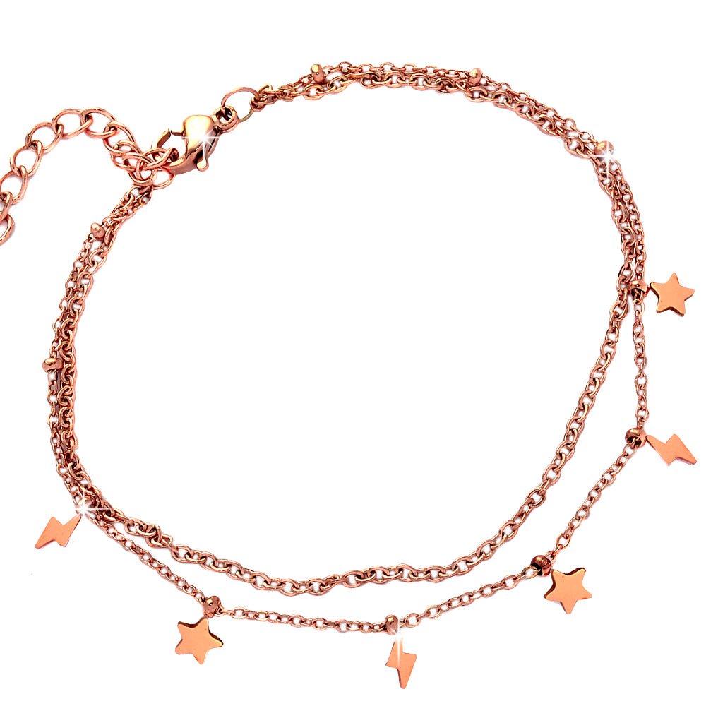 Bracciale due file in acciaio con charms pendenti rose gold - Stelle e fulmini -Beloved_gioielli