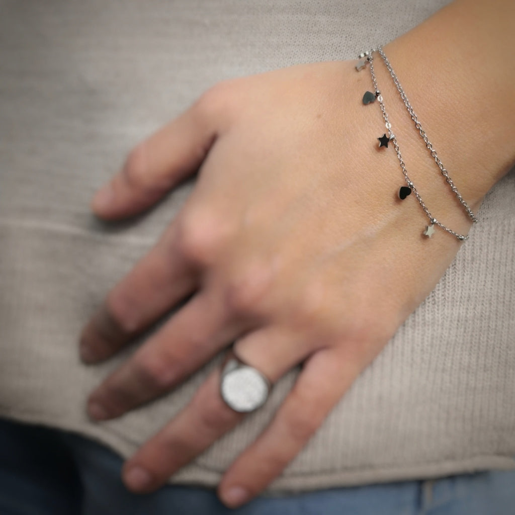 Bracciale due file in acciaio con charms pendenti silver - Stelle e cuori -Beloved_gioielli