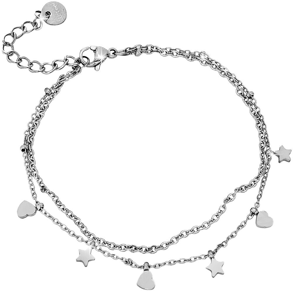 Bracciale due file in acciaio con charms pendenti silver - Stelle e cuori -Beloved_gioielli