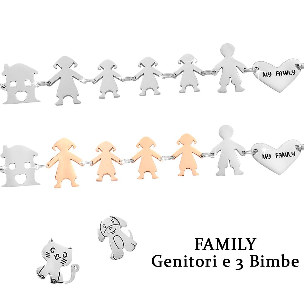 Bracciale Family Genitori + 3 Bimbe anche con animali - con incisione -Beloved_gioielli