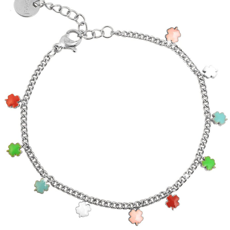 Bracciale in acciaio con charms pendenti smaltati - Silver Quadrifogli -Beloved_gioielli