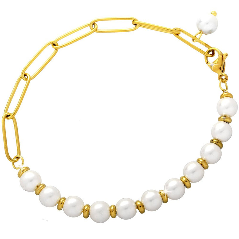 Bracciale in acciaio con fila di Perle tonde bianche e catenina lavorata Gold -Beloved_gioielli