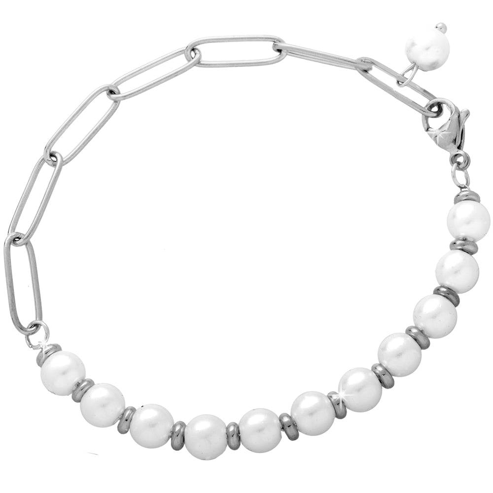 Bracciale in acciaio con fila di Perle tonde bianche e catenina lavorata Silver -Beloved_gioielli