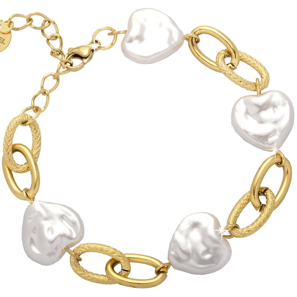 Bracciale in acciaio con Madreperla bianca a cuore e catenina Gold -Beloved_gioielli