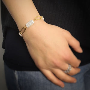 Bracciale in acciaio con Madreperla bianca squared e catenina Gold -Beloved_gioielli