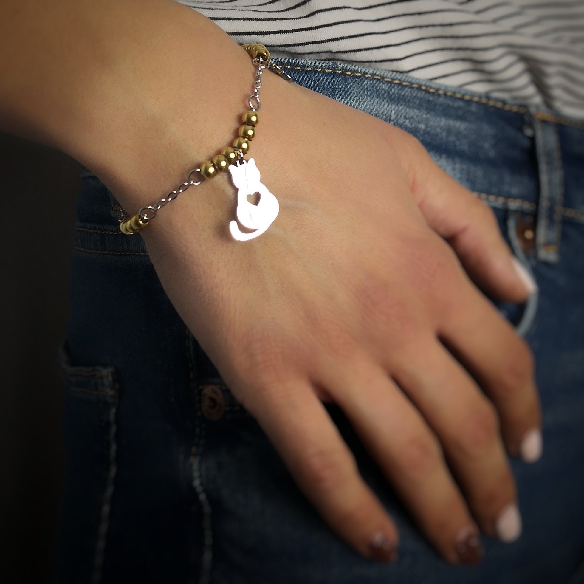 ZUKY Bracciale Regolabile Con Ciondolo Gatto In Acciaio E Cuore Rosato, Idea Regalo Per Donna, Marchio Italiano
