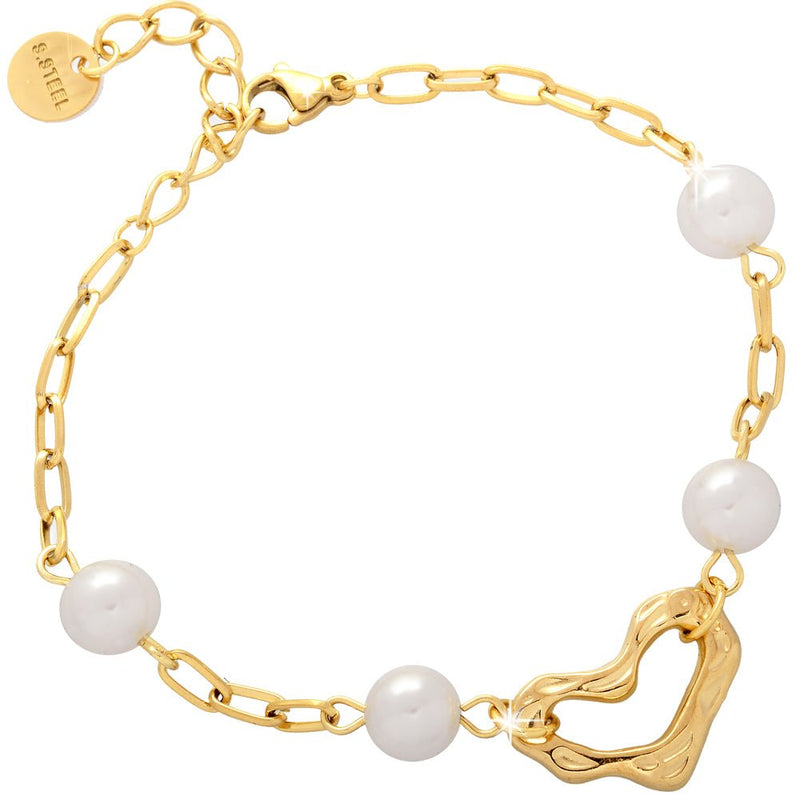 Bracciale in acciaio con Perle tonde bianche e cuore centrale Gold -Beloved_gioielli