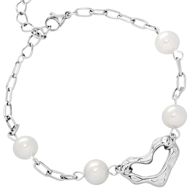 Bracciale in acciaio con Perle tonde bianche e cuore centrale Silver -Beloved_gioielli