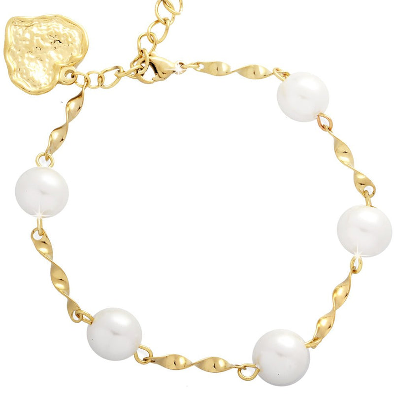 Bracciale in acciaio con Perle tonde bianche e cuore pendente Gold -Beloved_gioielli