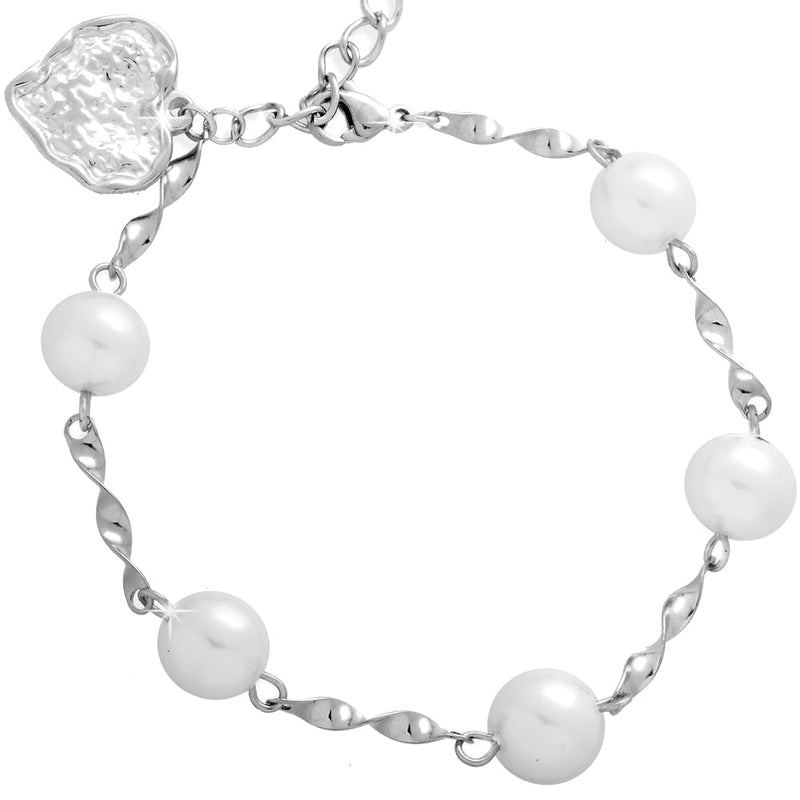 Bracciale in acciaio con Perle tonde bianche e cuore pendente Silver -Beloved_gioielli