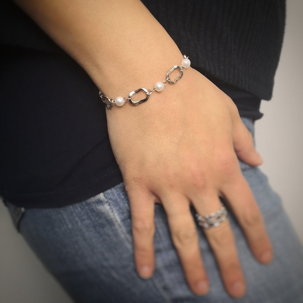 Bracciale in acciaio con Perle tonde bianche e ovali Silver -Beloved_gioielli